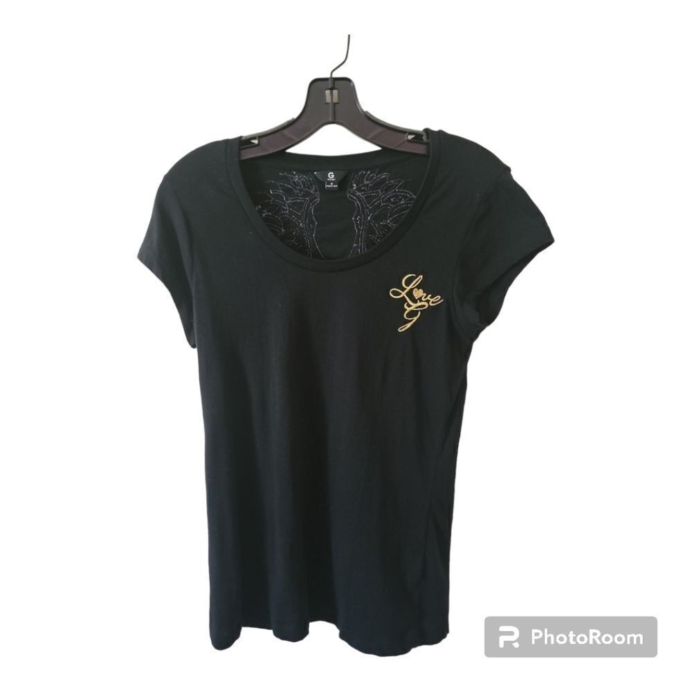 Guess black angel wing gold embellished cap sleeve tshirt